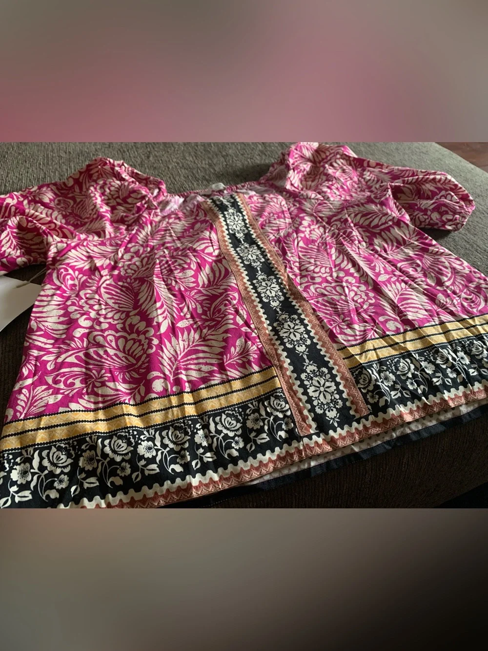 Loft fuchsia floral square-neck bubble sleeve blouse